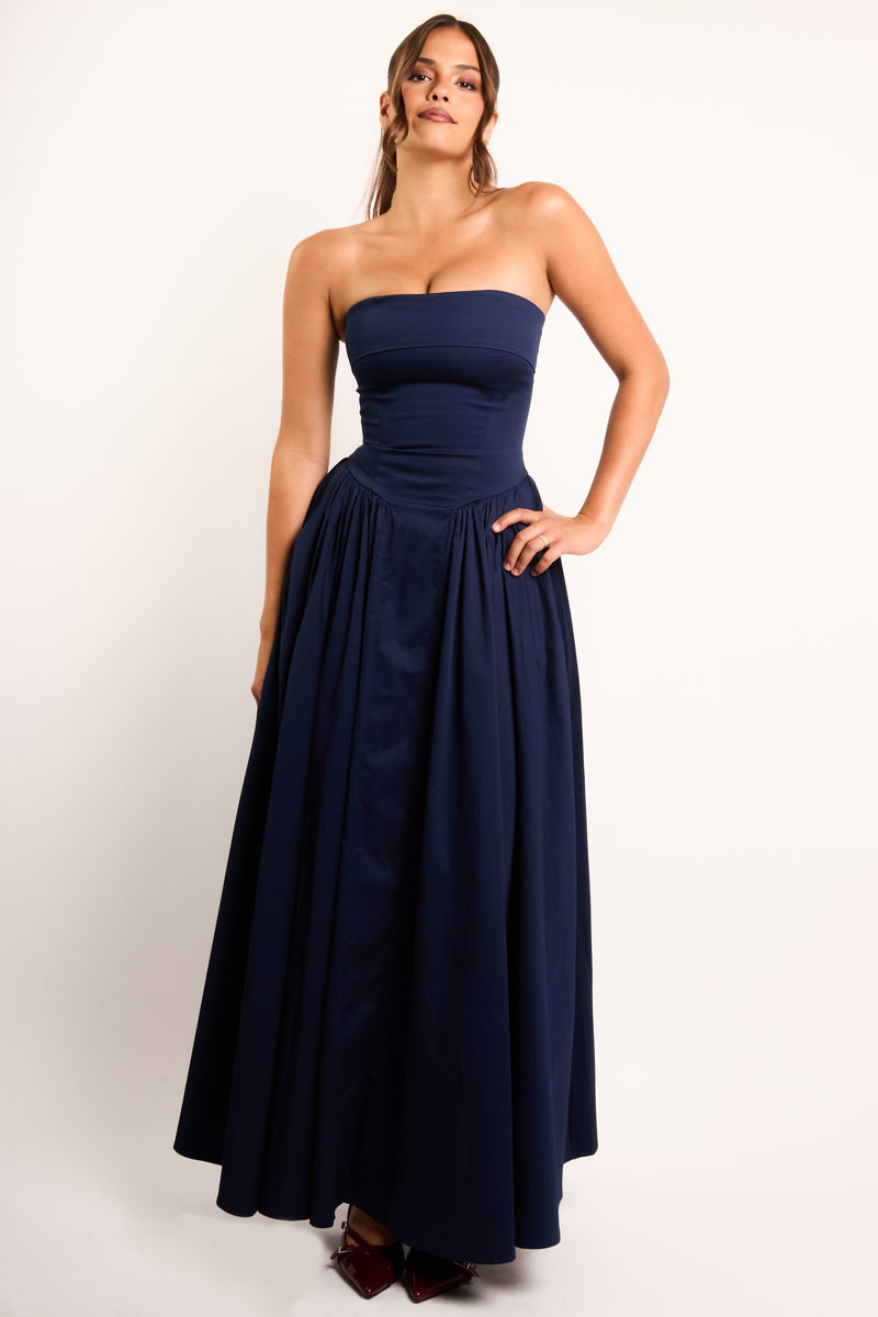 Edith Bandeau Corset Maxi Dress in Navy Blue