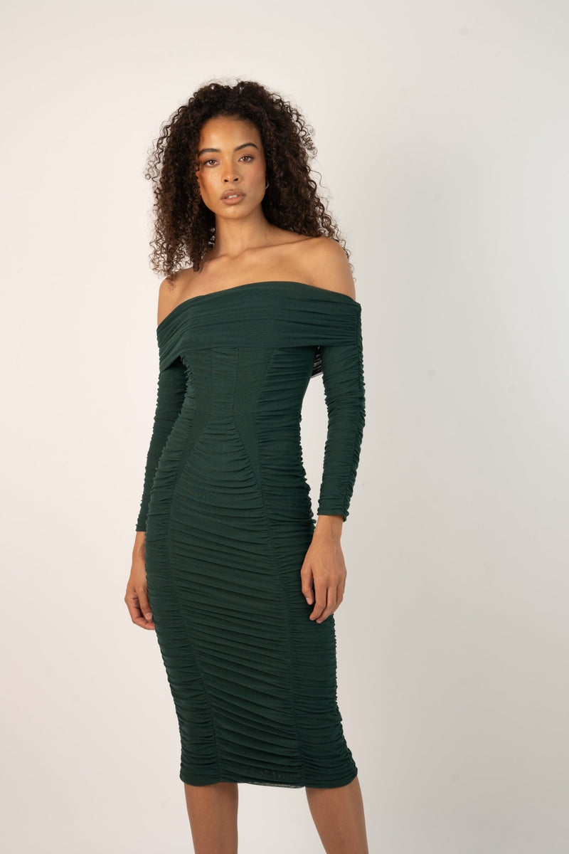 Emerald Green Underwire Ruched Mesh Midaxi Dress