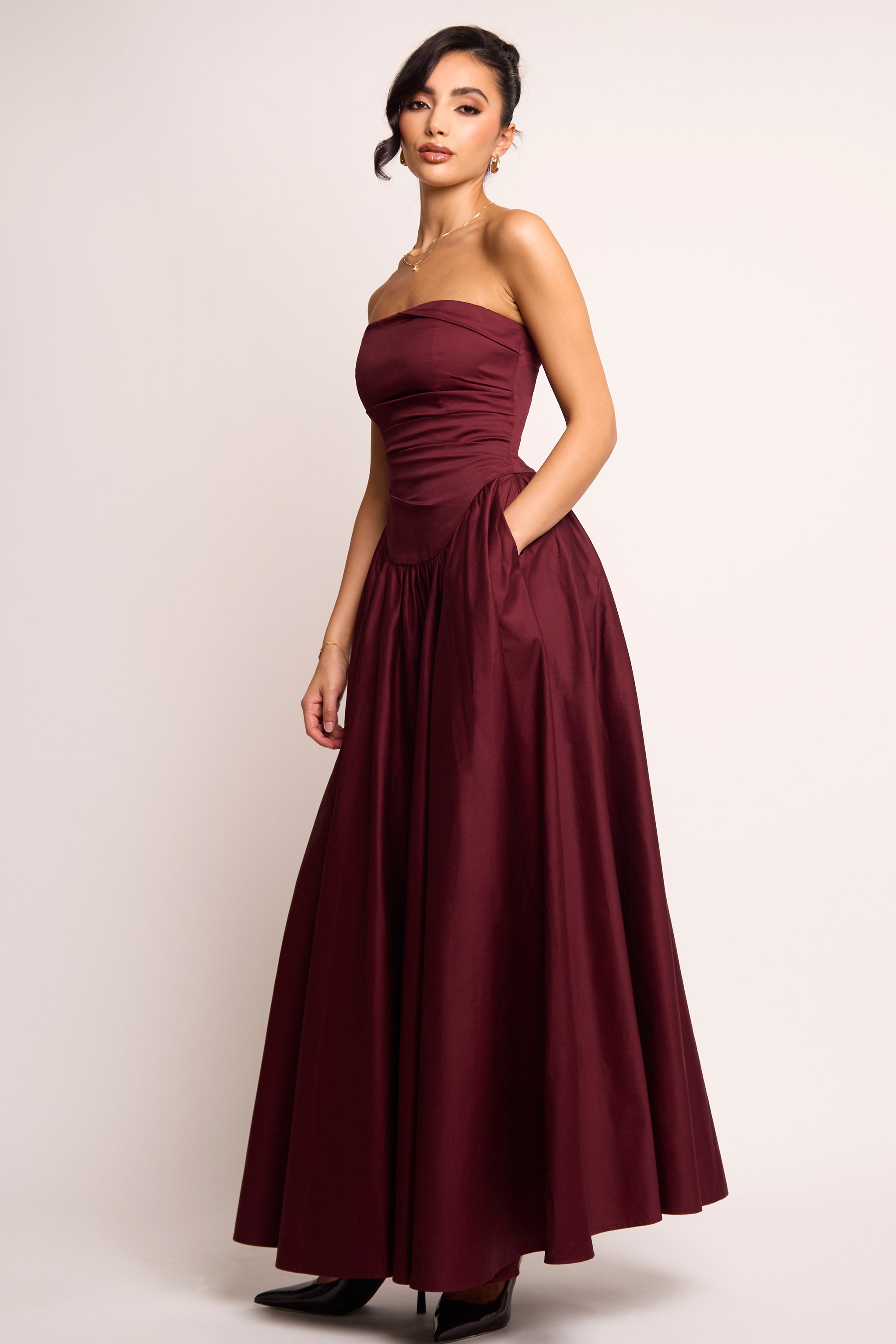 Leena Burgundy Bandeau Fold Gown Maxi Dress Leena Burgundy Bandeau Fold Gown Maxi Dress