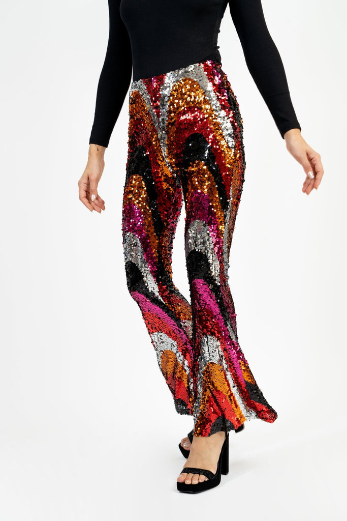 Bas Sequin Pants - Multi Colour Sequin Swirl Flared Trousers - Jadedroselondon