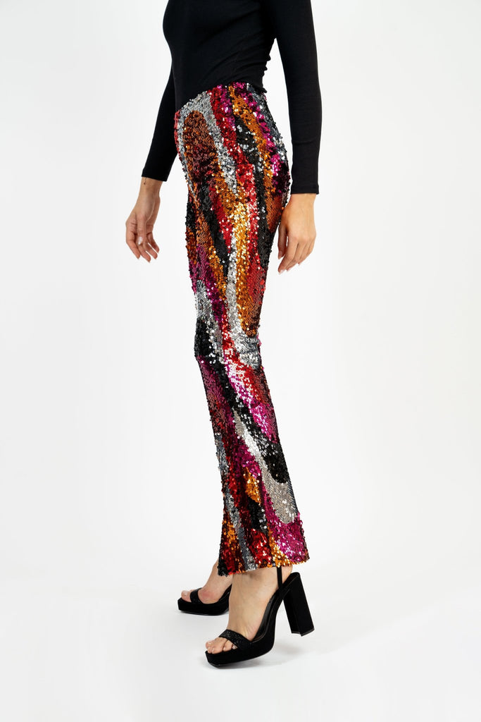 Bas Sequin Pants - Multi Colour Sequin Swirl Flared Trousers - Jadedroselondon