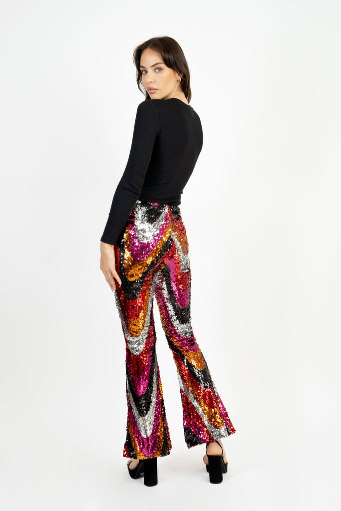 Bas Sequin Pants - Multi Colour Sequin Swirl Flared Trousers - Jadedroselondon