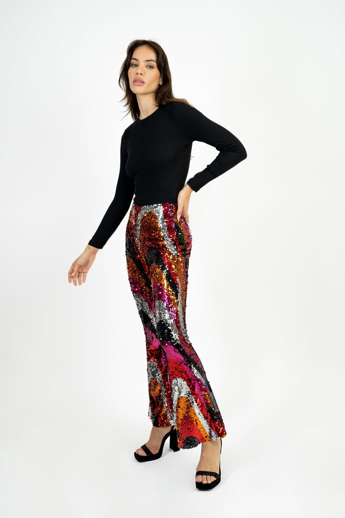 Bas Sequin Pants - Multi Colour Sequin Swirl Flared Trousers - Jadedroselondon