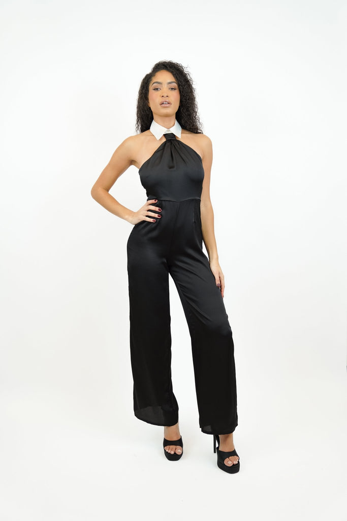 Leena Jumpsuit in Black and White with Collar Design - Jadedroselondon