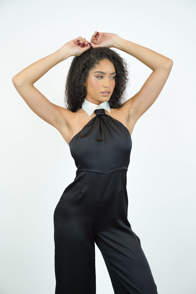 Leena Jumpsuit in Black and White with Collar Design - Jadedroselondon