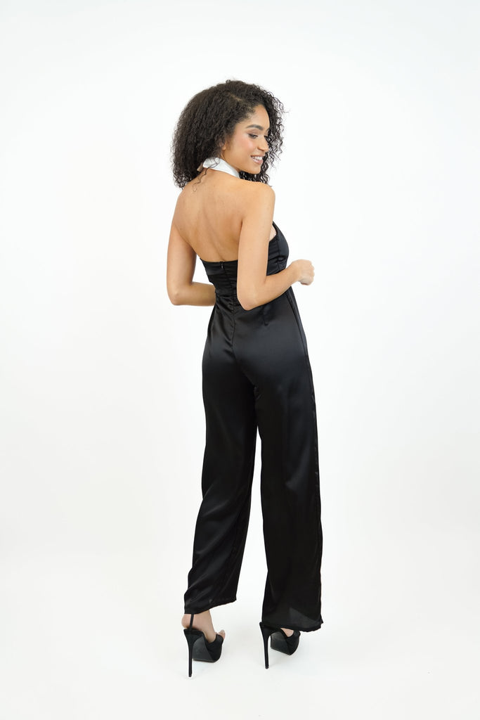 Leena Jumpsuit in Black and White with Collar Design - Jadedroselondon