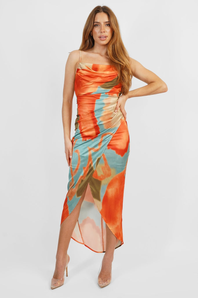 Lorenza Dress with Open Back in Orange/Blue Print - Jadedroselondon