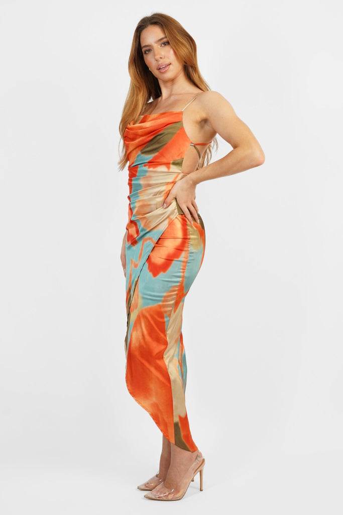 Lorenza Dress with Open Back in Orange/Blue Print - Jadedroselondon