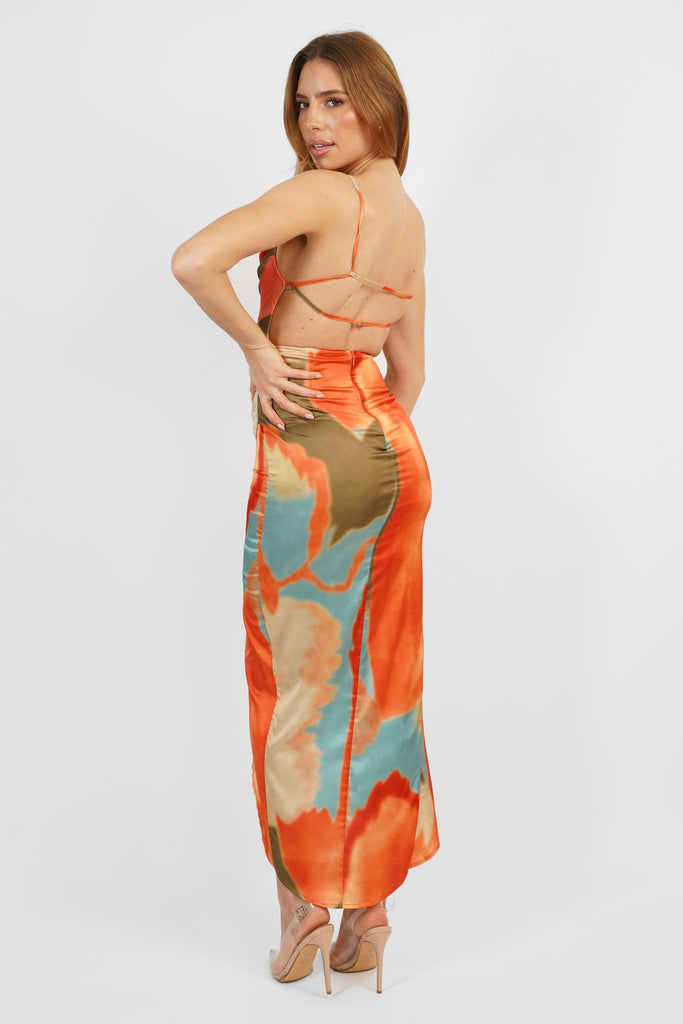 Lorenza Dress with Open Back in Orange/Blue Print - Jadedroselondon