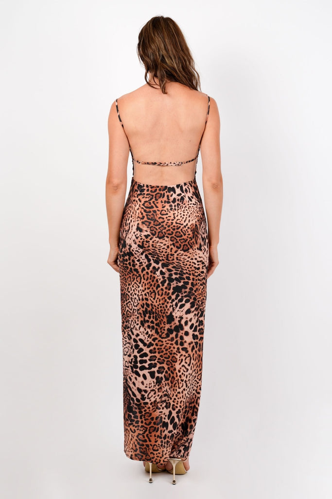 Nell Maxi Dress in Leopard with Open Back - Jadedroselondon