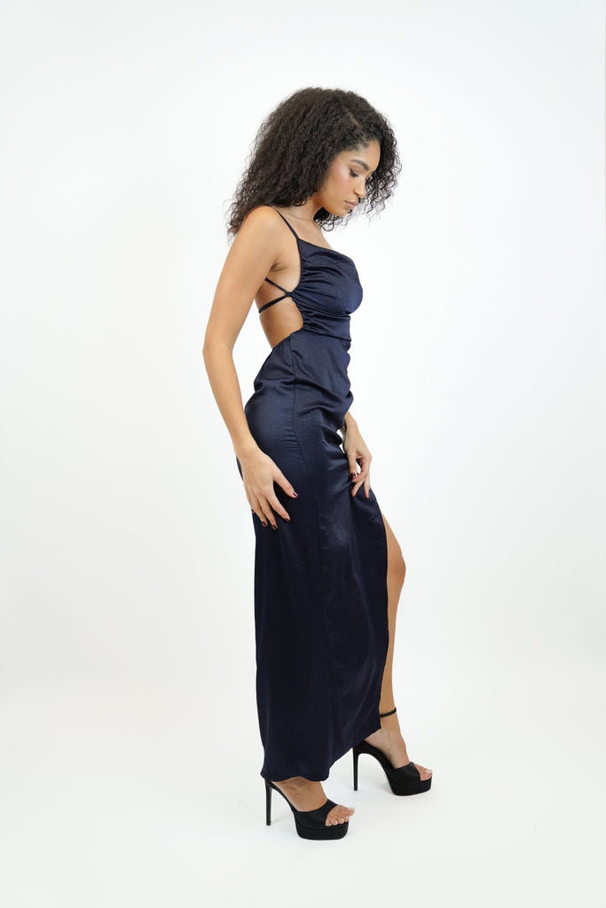 Nell Maxi Dress in Navy with Open Back - Jadedroselondon