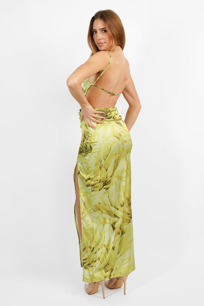 Nell Maxi Dress in Olive Print with Open Back - Jadedroselondon