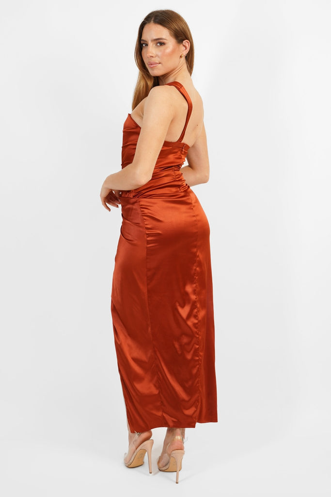 Pamo Crossover Maxi Dress in Red Stretch Satin - Jadedroselondon