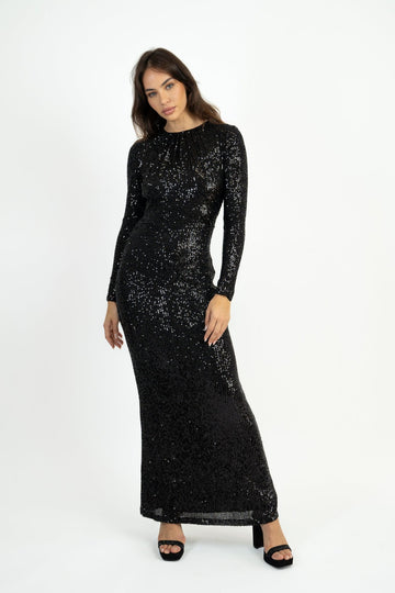 Samman Maxi Dress in Black Sequin - Jadedroselondon