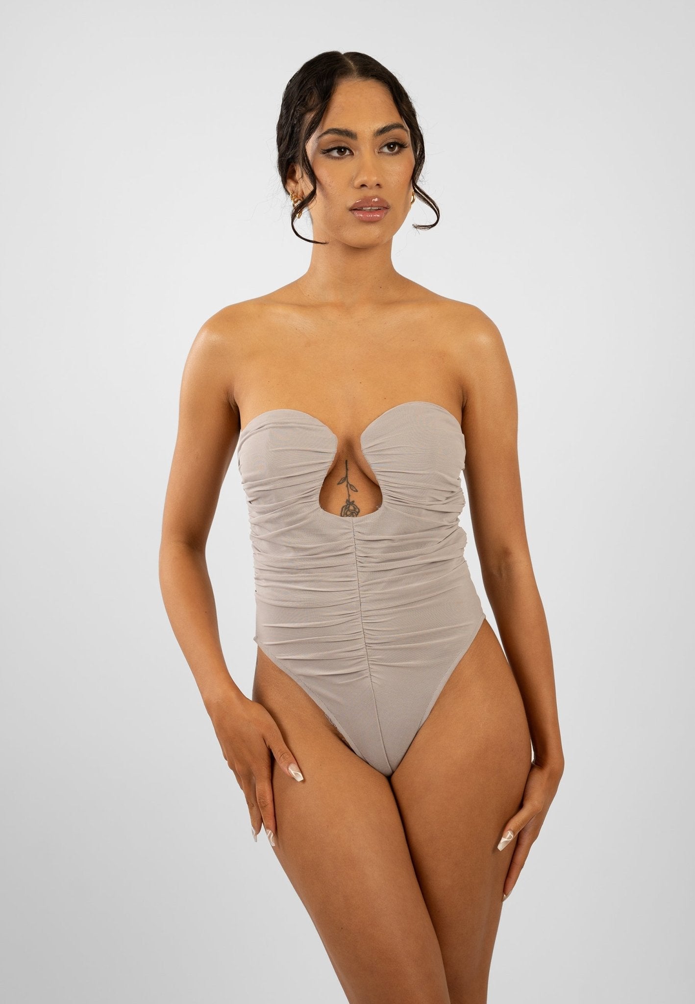 Aubery Grey Ruched Bodysuit with Boning