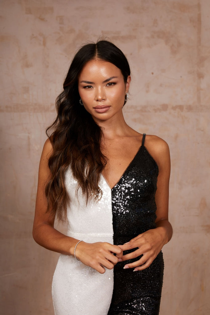 Beth Sleeveless Sequin Jumpsuit in Black and White - Jadedroselondon