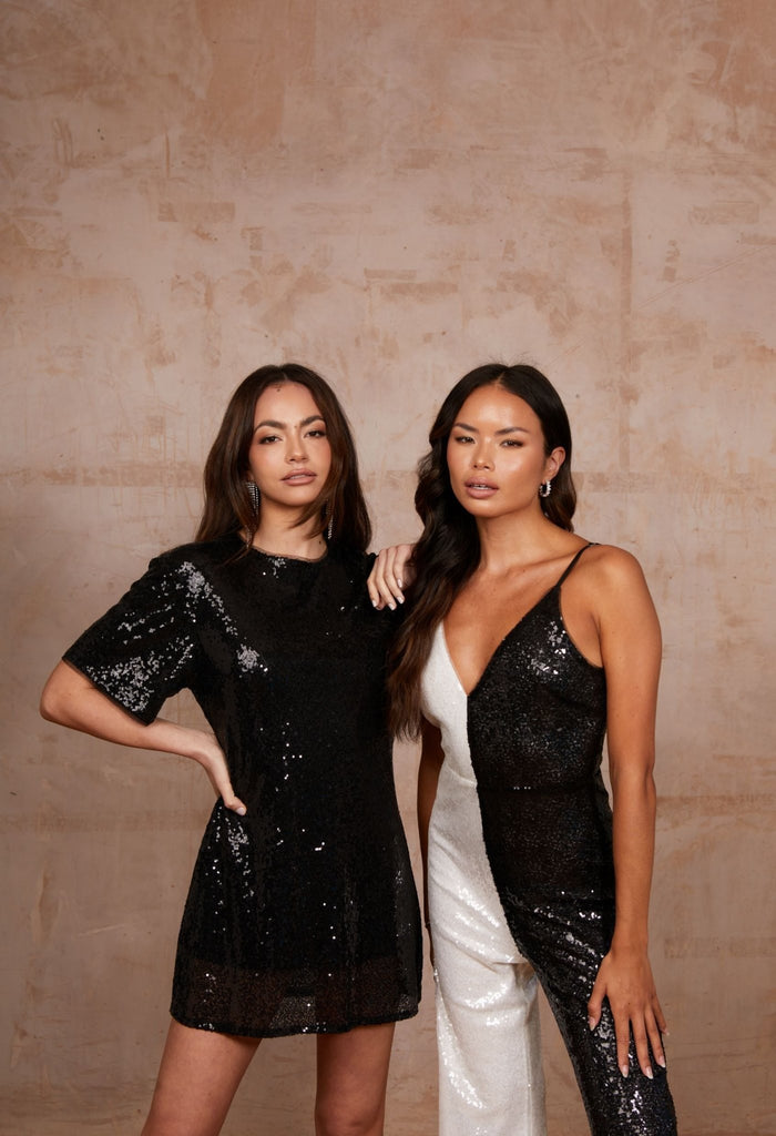 Beth Sleeveless Sequin Jumpsuit in Black and White - Jadedroselondon