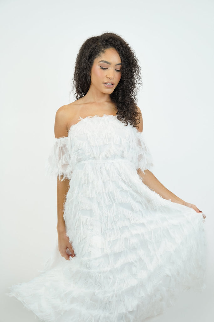 Bibi Feathered Maxi Dress in Ivory/White - Jadedroselondon