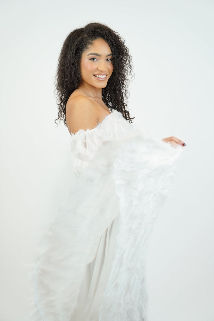 Bibi Feathered Maxi Dress in Ivory/White - Jadedroselondon