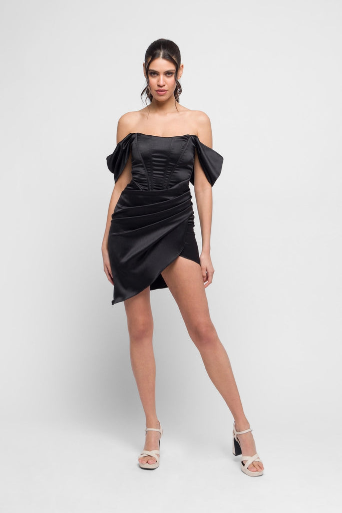 Dalina Boned off the shoulder mini dress in Black. Chic & Alluring - Jadedroselondon