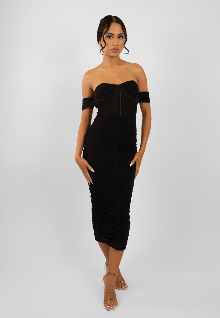 Dena Midaxi Dress in Black With Boning And Ruching - Elegant & New - Jadedroselondon