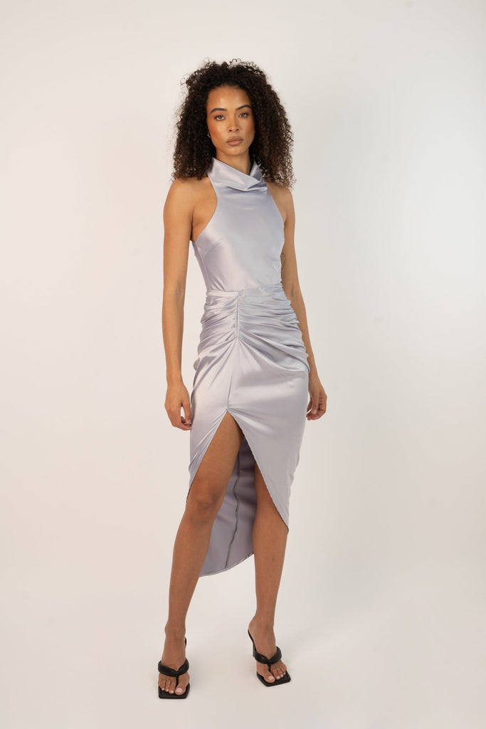 Dyna Midaxi Dress - Turtle Neck Midaxi Dress in Satin Slate Grey - Jadedroselondon