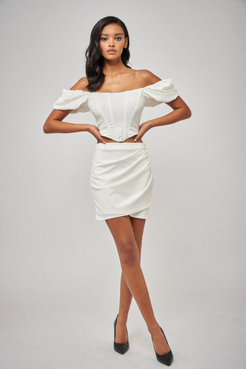 Ecru Off the Shoulder Set with Drape Corset Top and Fitted Mini Skirt - Jadedroselondon