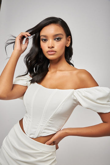 Ecru Off the Shoulder Set with Drape Corset Top and Fitted Mini Skirt - Jadedroselondon