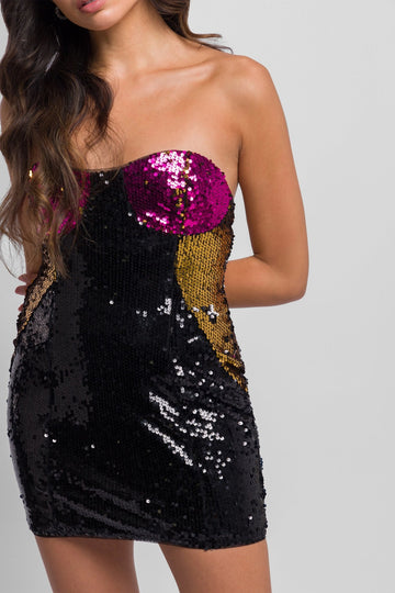 Ella Mini Sequin Dress in Black Pink and Gold with Cups - Jadedroselondon