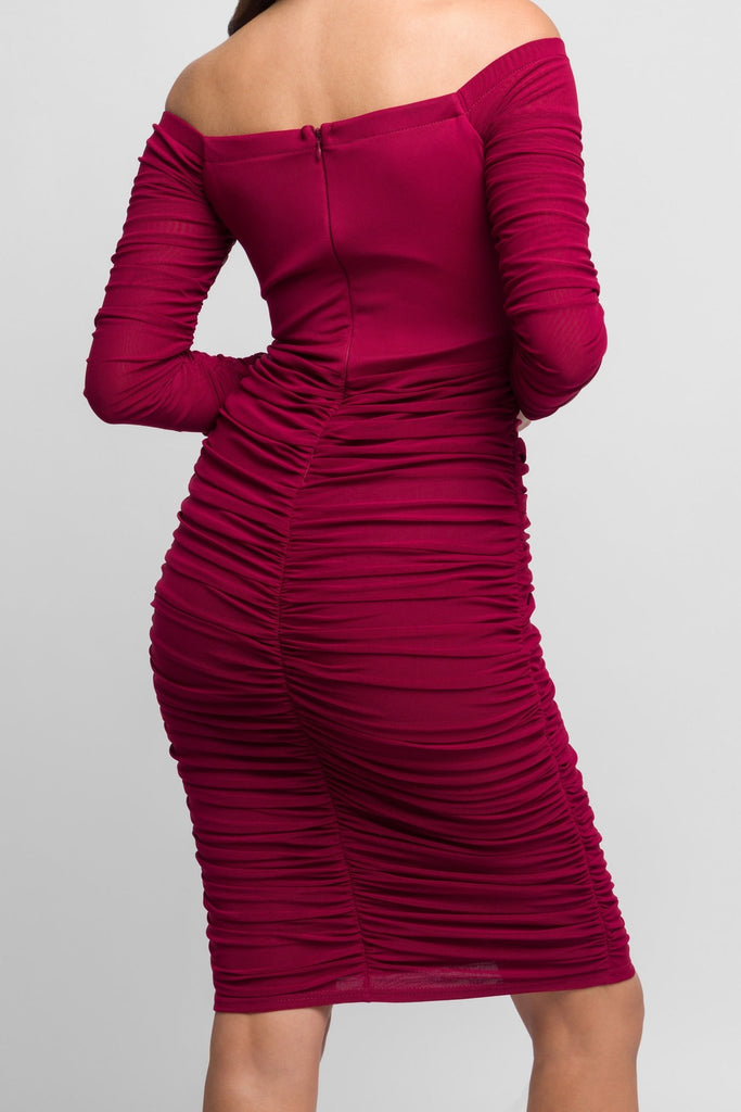 Emana off the Shoulder Midi Dress in Burgandy with Ruching design - Jadedroselondon