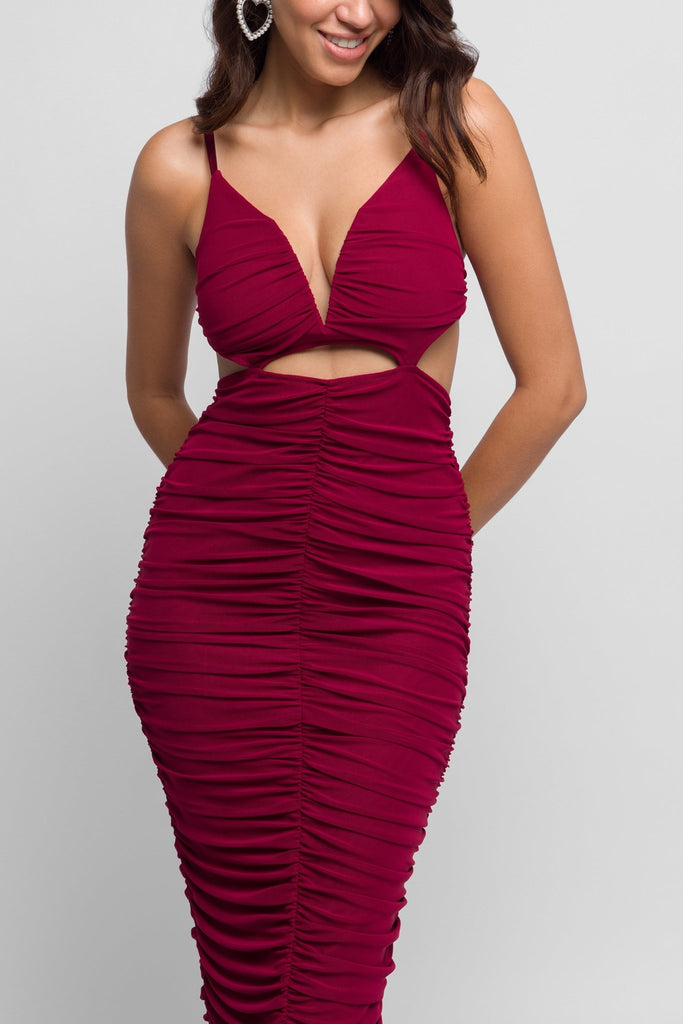 Fenra Ruched Midi Dress in Plum with Cut outs - Jadedroselondon