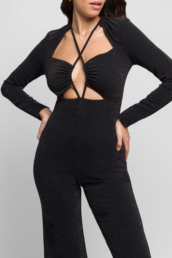 Gaelle Black jumpsuit in Black with Fashion string detail in the front - Jadedroselondon