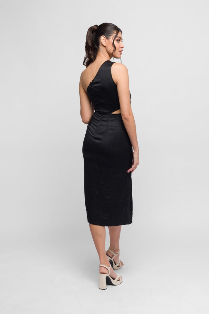 Glory Black one-shoulder midi dress. Sleek & sophisticated - Jadedroselondon