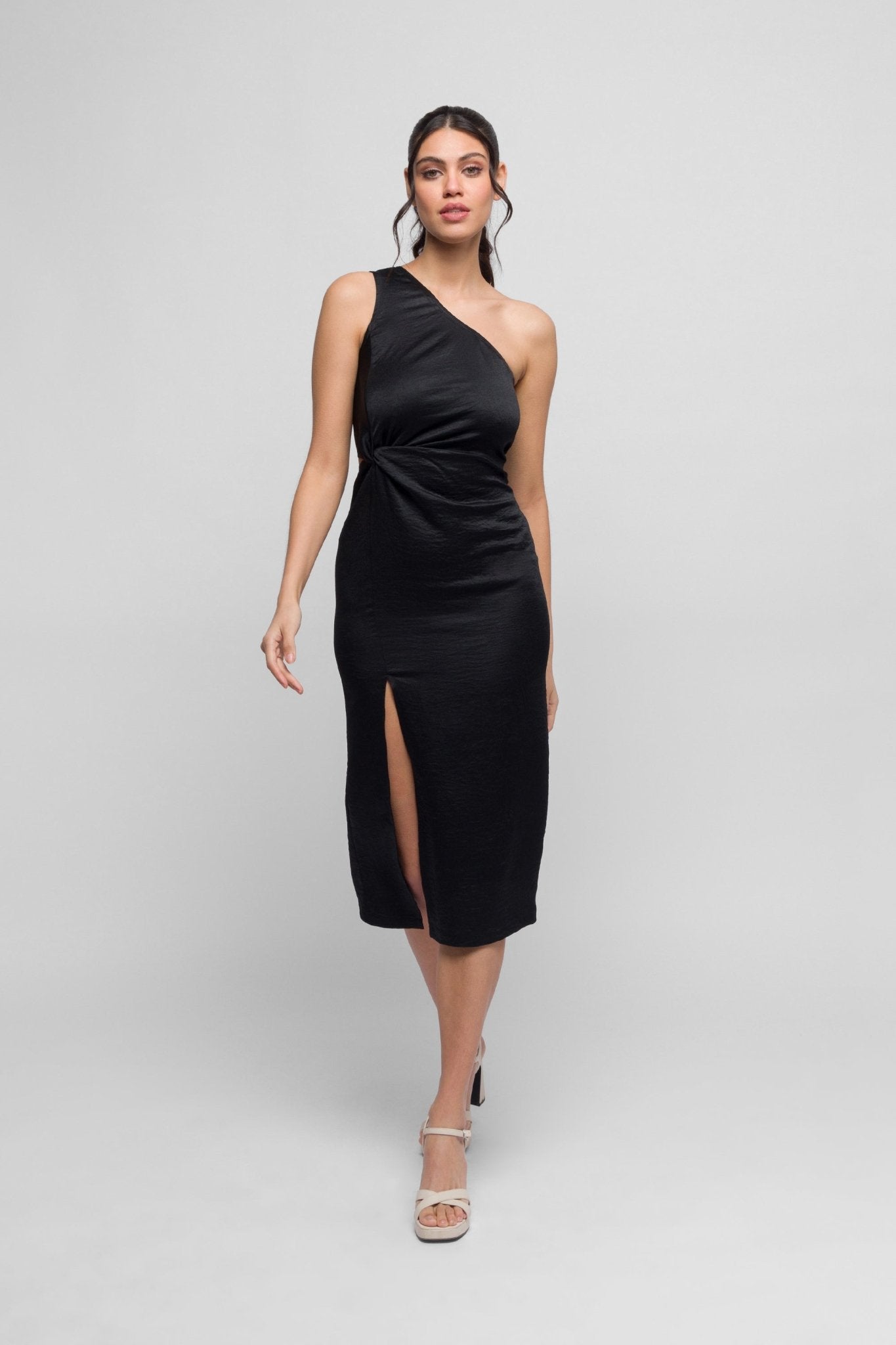 knee length dresses for ladies Zora One Shoulder Pleated Midi Dress