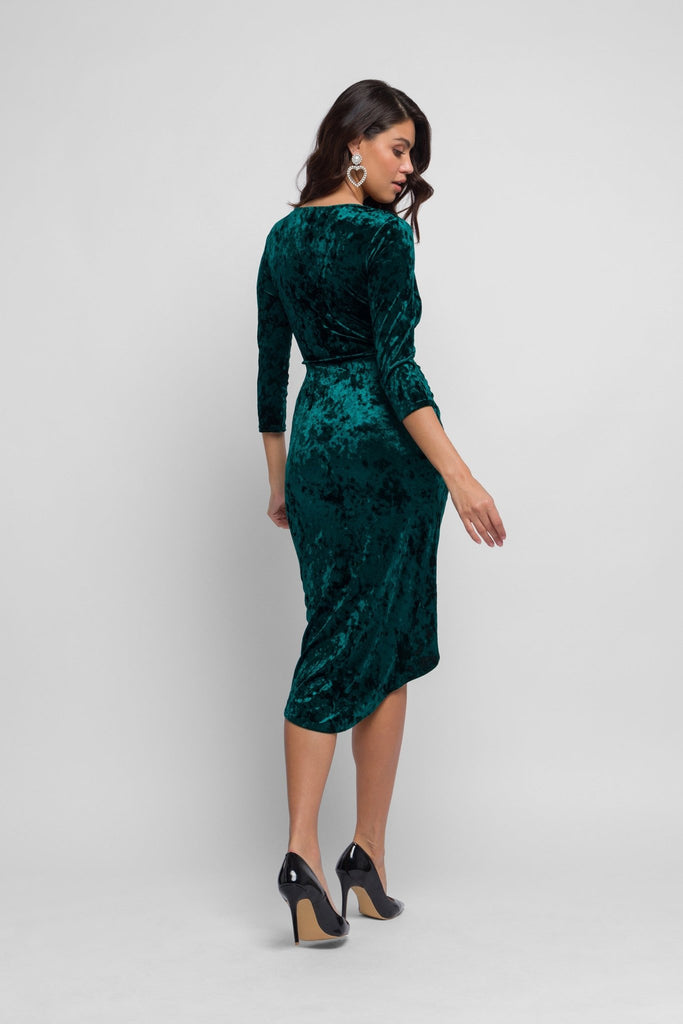Jayda Midi Velvet Dress in Emerald Green with Wrap feature - Jadedroselondon