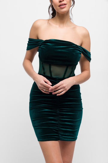 Joci Mini Dress in Emerald Green with Mesh Boning. Luxe & Alluring - Jadedroselondon