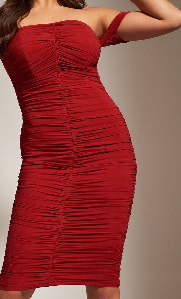 JULIANA Midi Ruched Dress in Blood Red - Jadedroselondon