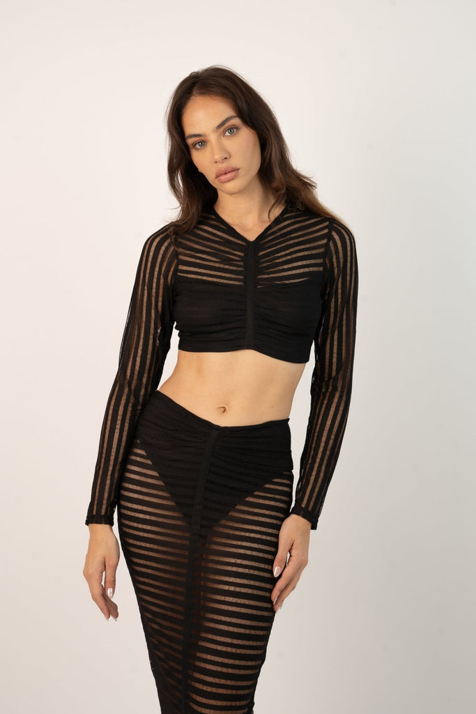 Kim Midi Skirt - Bodycon set in Mesh with Stripe details in Black - Jadedroselondon