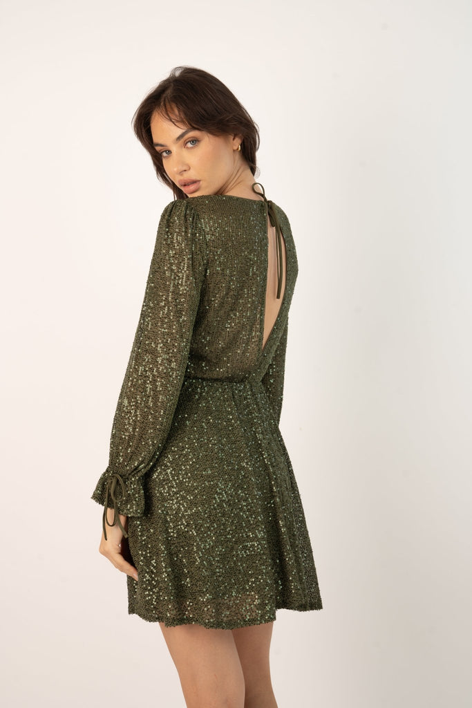 Kima Sequin Babydoll Min Dress in Olive Green - Jadedroselondon