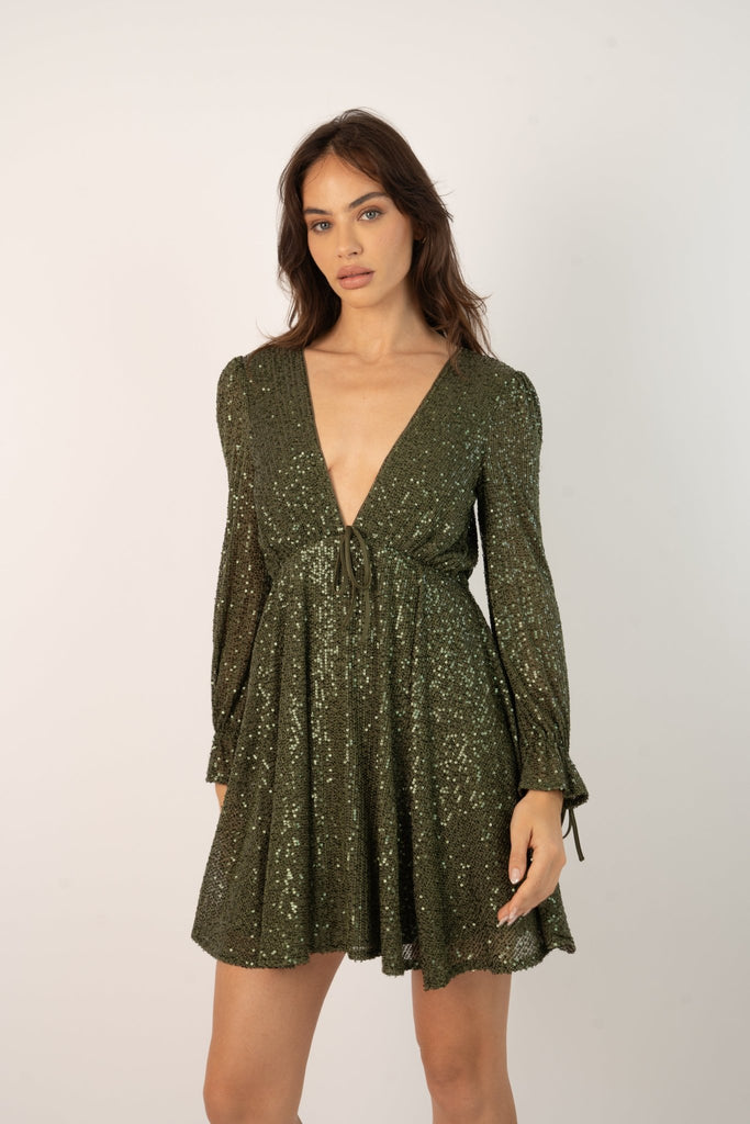 Kima Sequin Babydoll Min Dress in Olive Green - Jadedroselondon