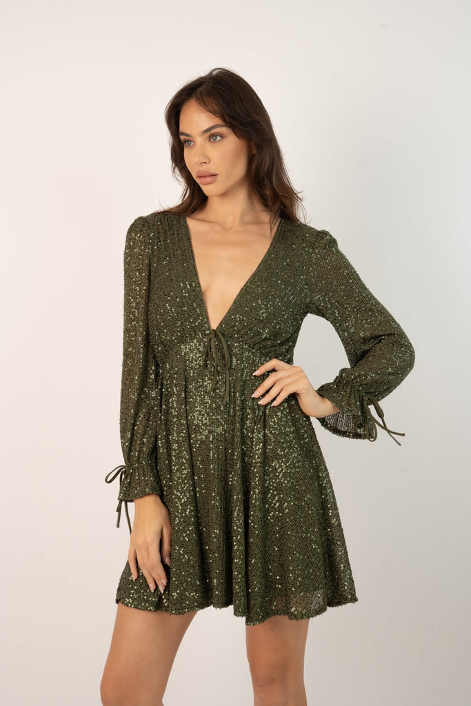 Kima Sequin Babydoll Min Dress in Olive Green - Jadedroselondon