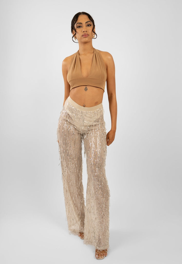 Nila Pants in Sheer Fabric With Sequin Details In Nude - Jadedroselondon