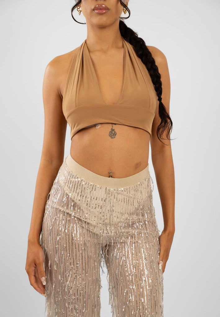 Nila Pants in Sheer Fabric With Sequin Details In Nude - Jadedroselondon