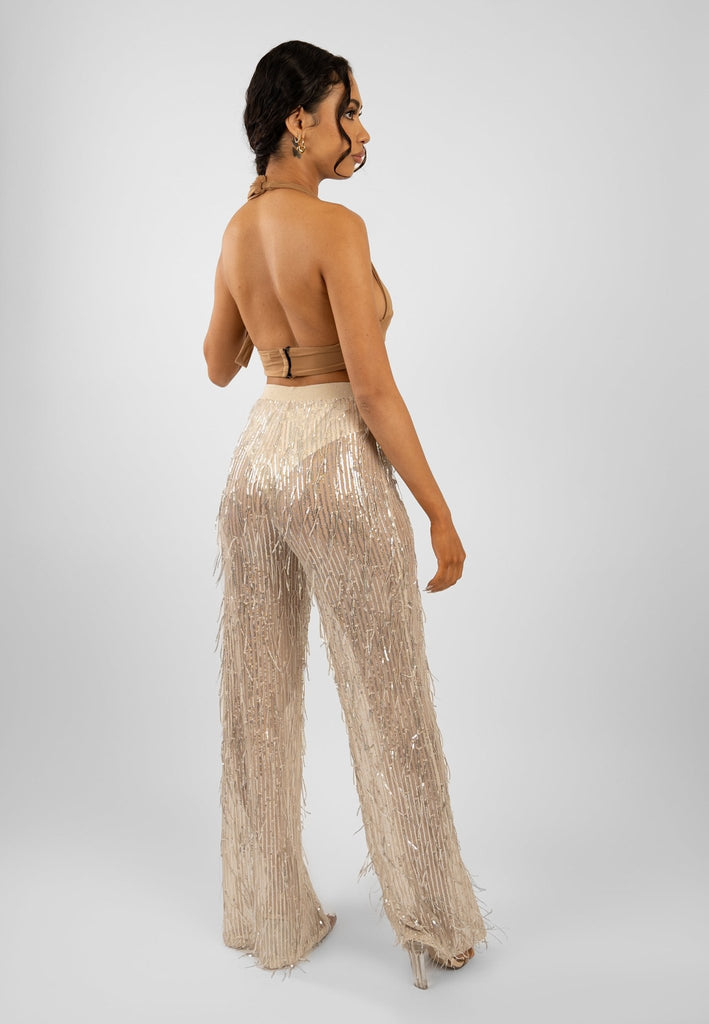 Nila Pants in Sheer Fabric With Sequin Details In Nude - Jadedroselondon