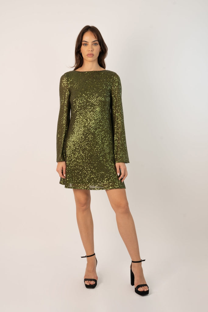 Paris Sequin Mini Dress in Olive green - Jadedroselondon
