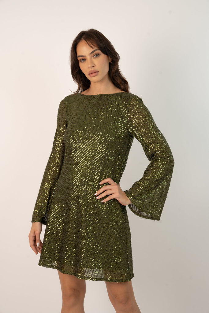 Paris Sequin Mini Dress in Olive green - Jadedroselondon