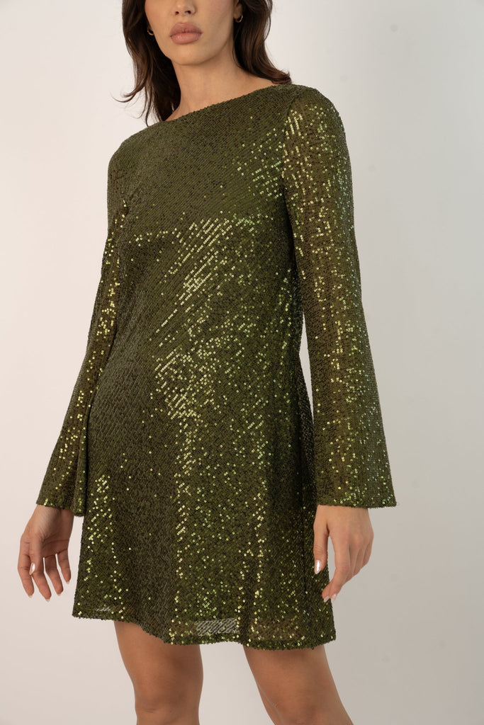 Paris Sequin Mini Dress in Olive green - Jadedroselondon