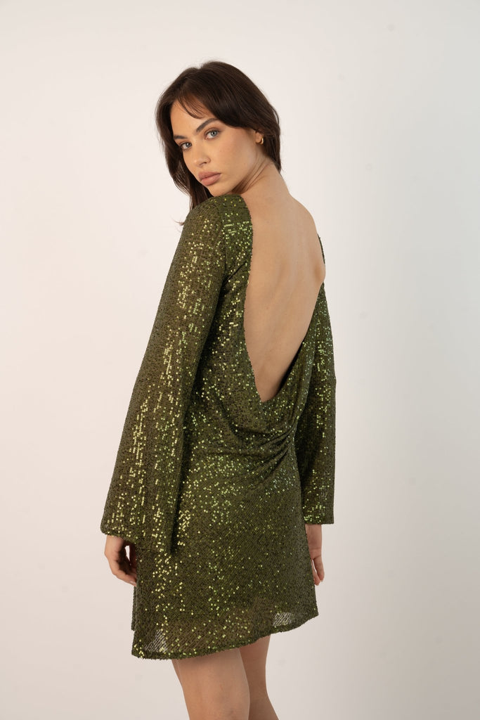 Paris Sequin Mini Dress in Olive green - Jadedroselondon