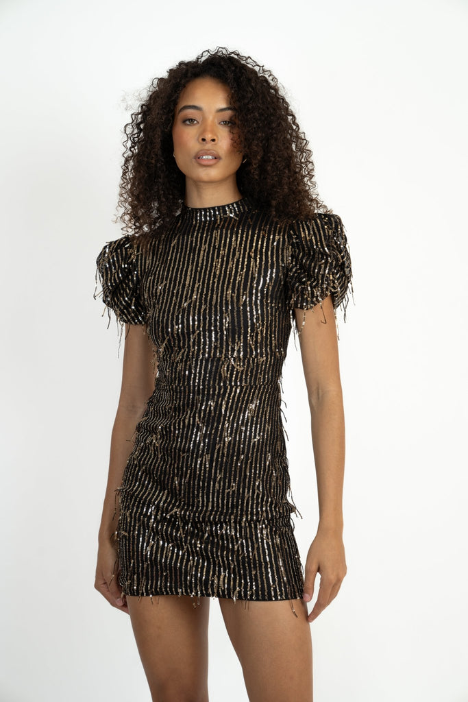 Roli String Sequin Mini Dress in Black and Gold - Jadedroselondon