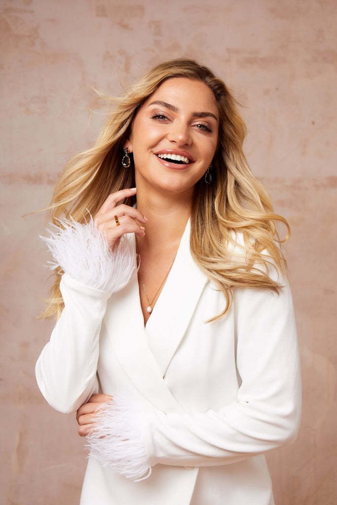 Roselyn Blazer in Ivory White with Feather Cuff - Jadedroselondon